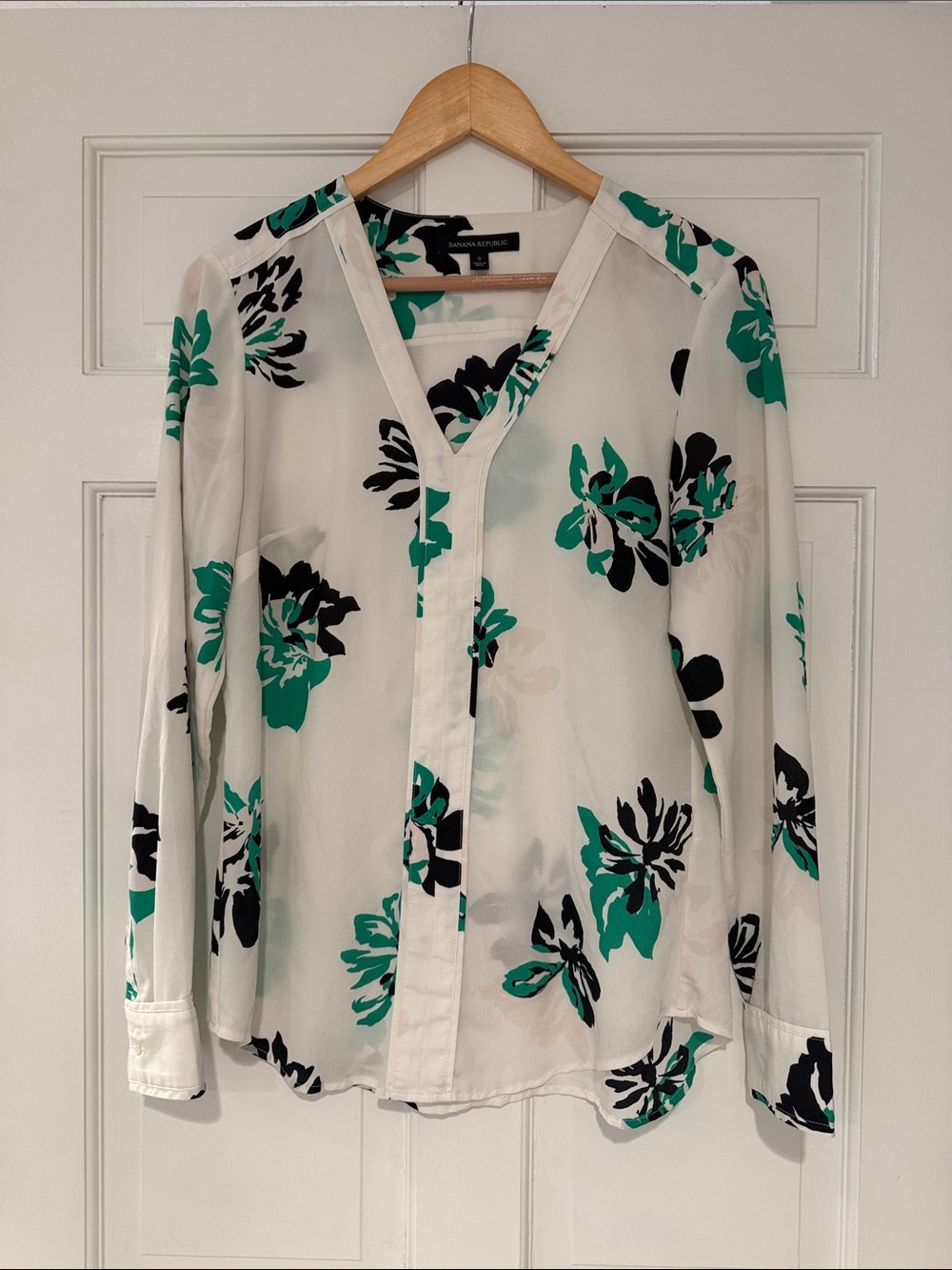 Banana Republic Cream Blouse with Black and Teal Floral Print